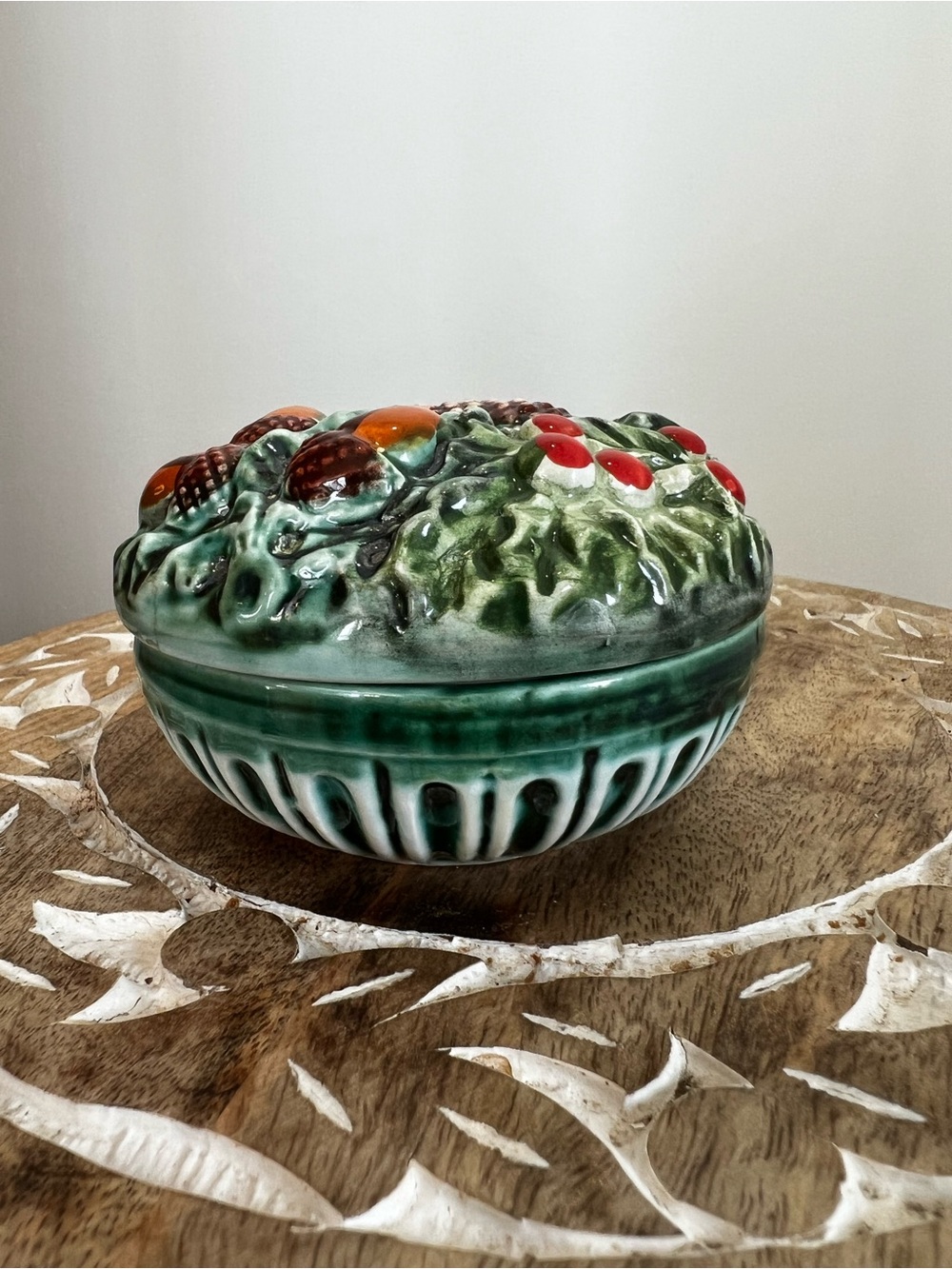 Pier One Ceramic Decorative Trinket Box with Green Glaze and Fruit Motif